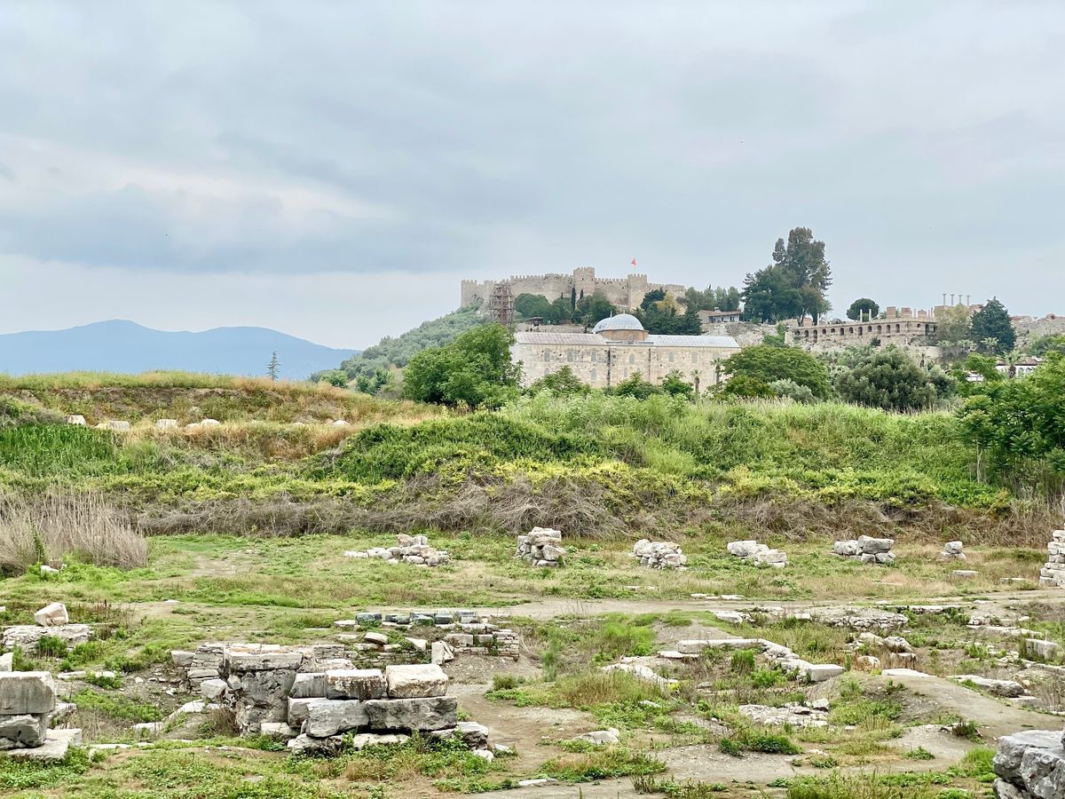 Ayasuluk Hill seen across a field of ruins, with the fortress on the summit, the domed Isa Bey Mosque below it and the arcades of the Basilica of Saint John to the right