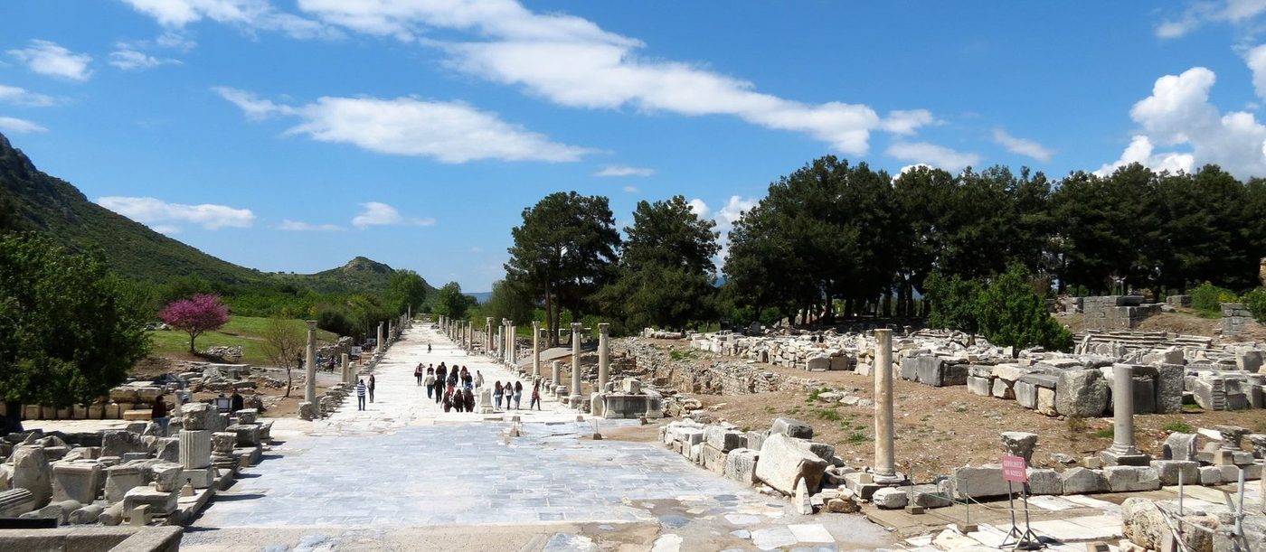 Two rows of standing columns line the marble harbor street of Ephesus in spring