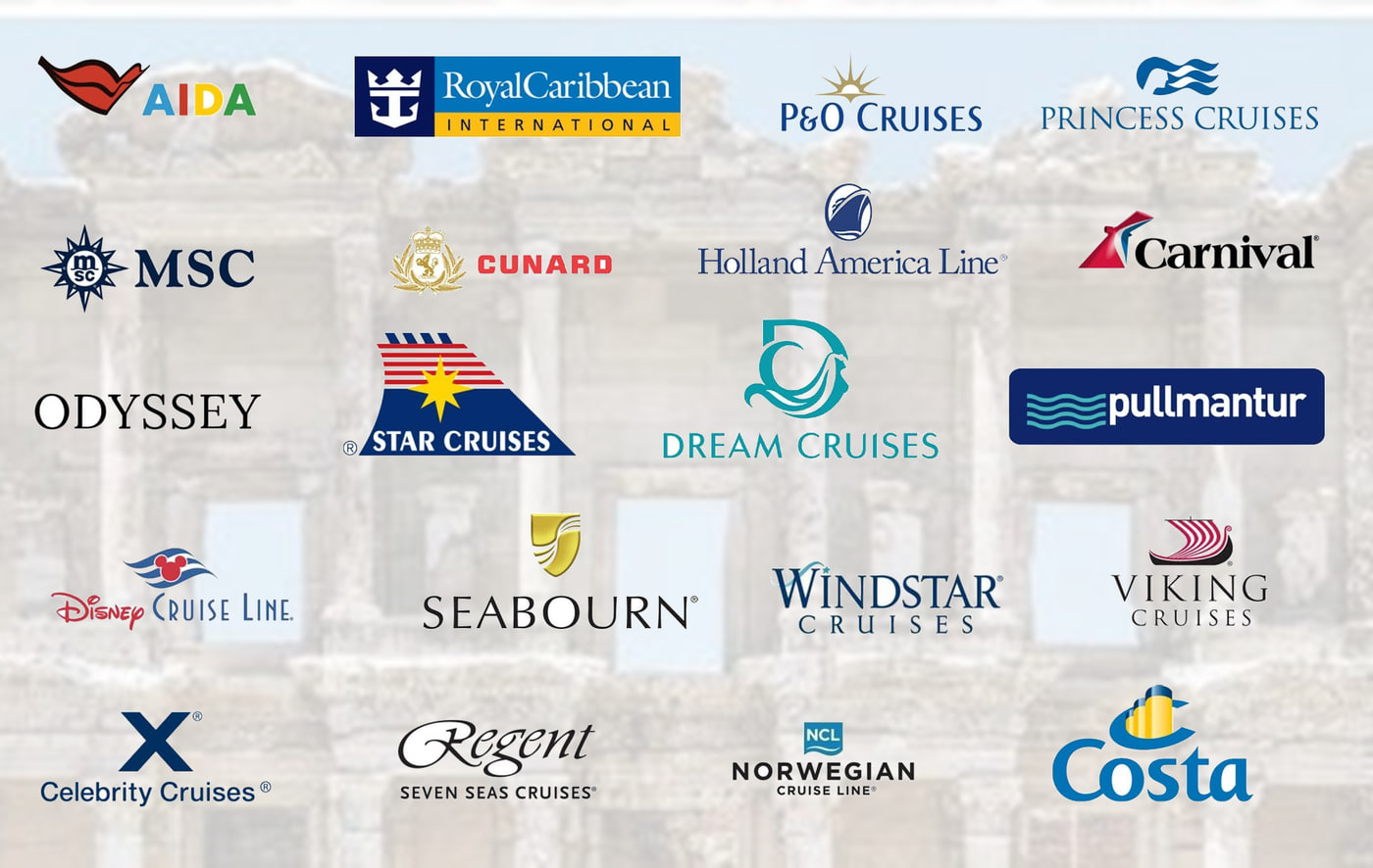 Logos of the cruise lines whose guests we guide at Ephesus — including Royal Caribbean, MSC, Princess, Carnival, Celebrity, Norwegian, Costa, Disney and Viking — over the Library of Celsus