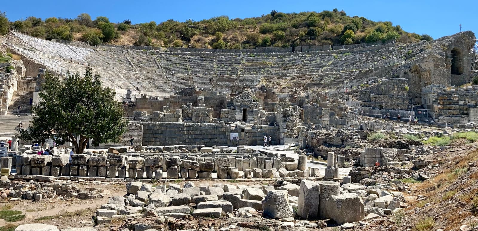The Great Theater of Ephesus seen from the lower city, its semicircular seating bowl rising up the hillside behind the ruined stage building