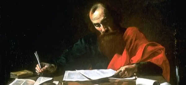 Old master painting of the Apostle Paul, bearded and wearing a red cloak, writing letters at a table