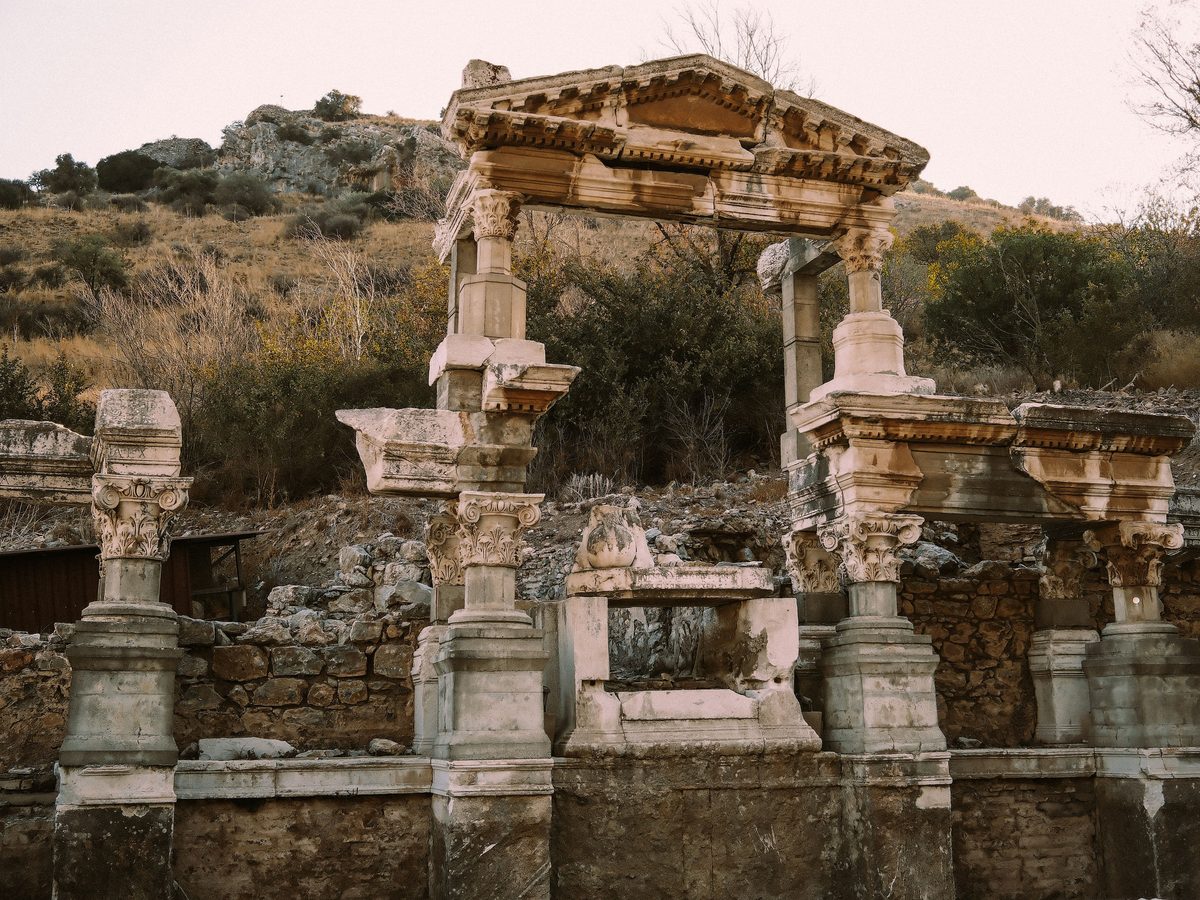The re-erected pediment and columns of the Roman Fountain of Trajan on Curetes Street at Ephesus
